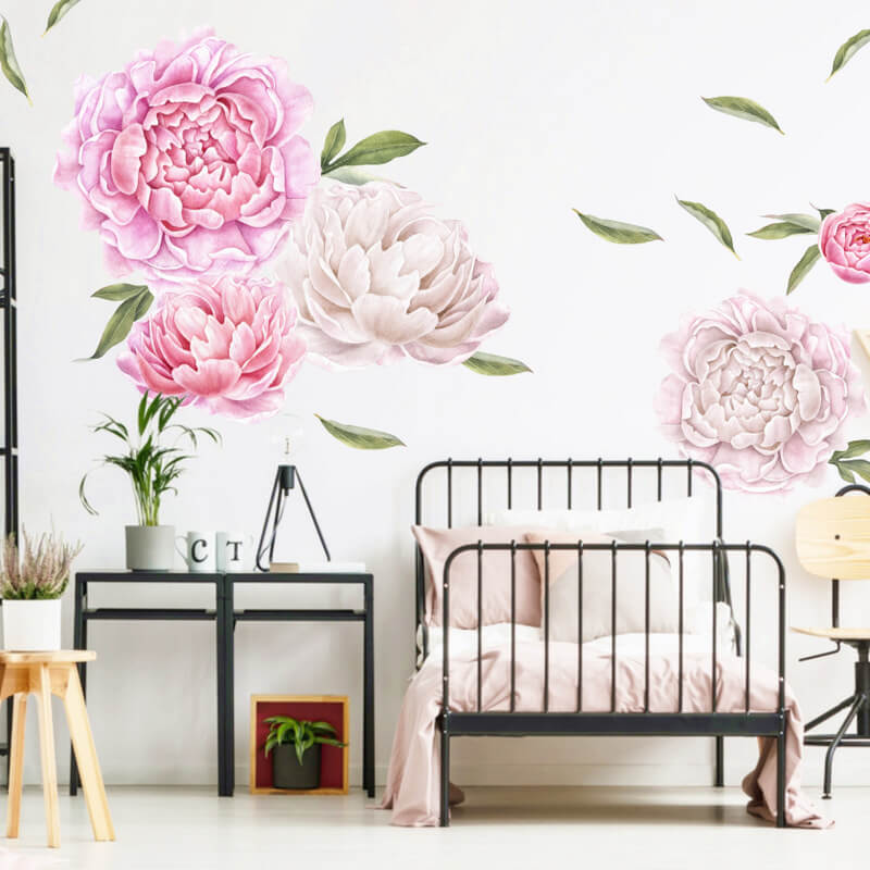 Adesivi murali fiori - Set di peonie rosa e bianche - Stickers