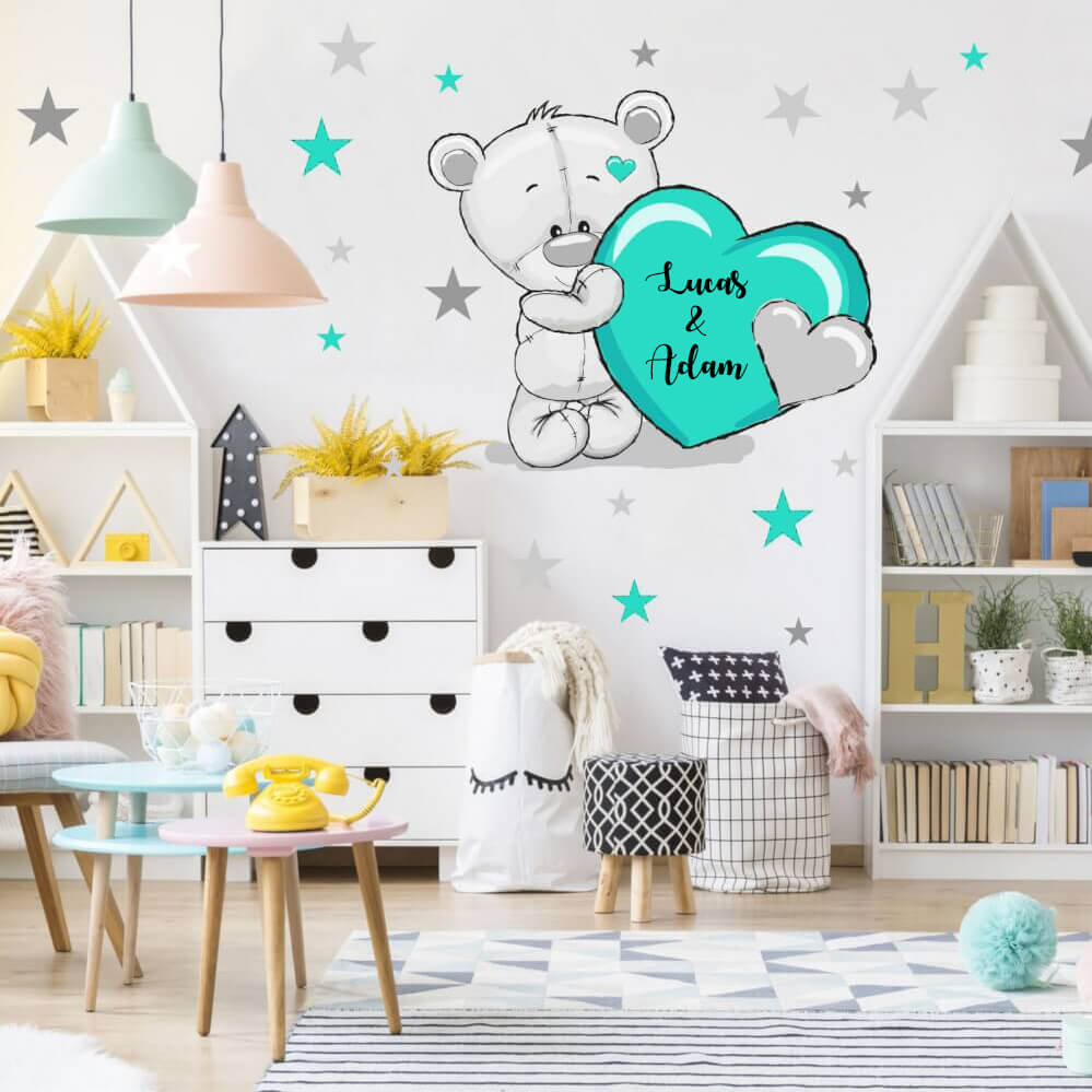 Orsetto grigio turchese con stelle e nome