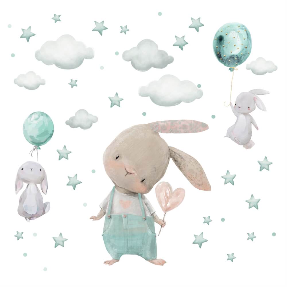 Adesivi Murali per Bambini - Coniglietti con Stelle nel Colore Menta