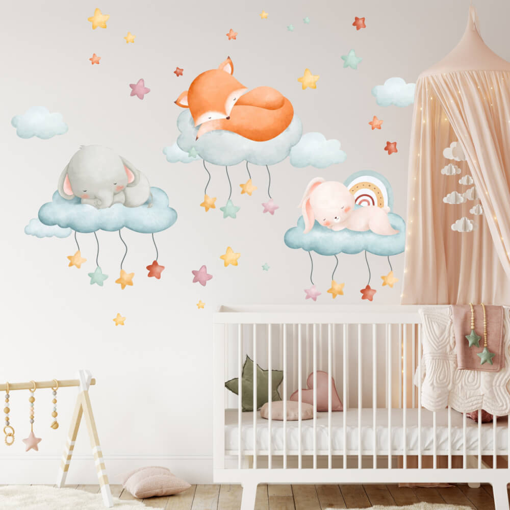 Adesivo murale per bambini - Animali addormentati tra le stelle