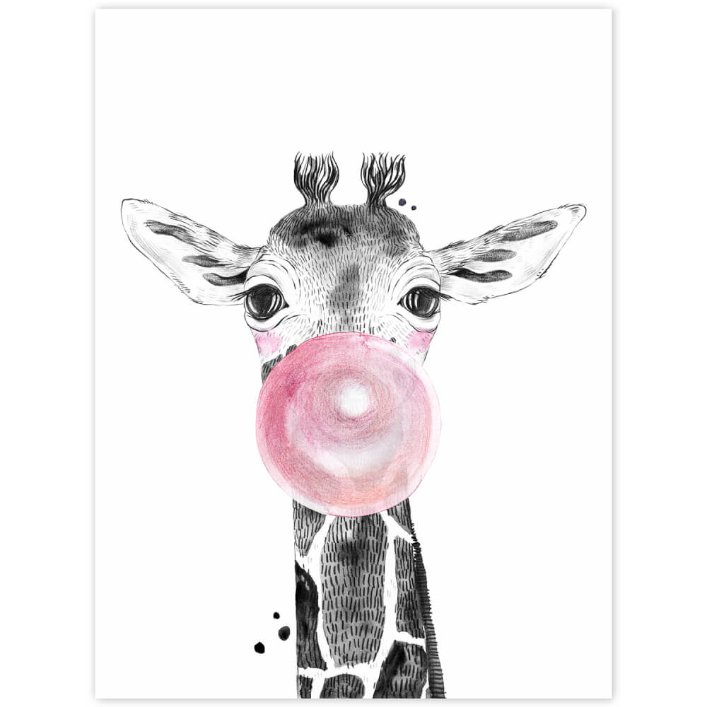 Quadro da parete - Giraffa con la bolla rosa